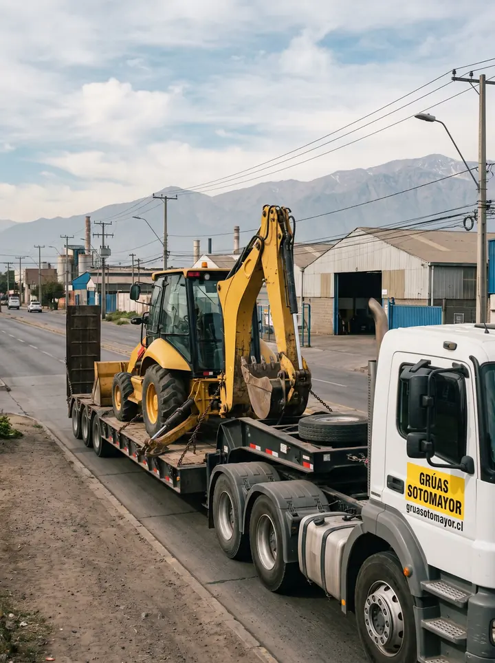 Camión cama baja de Grúas Sotomayor transportando una retroexcavadora